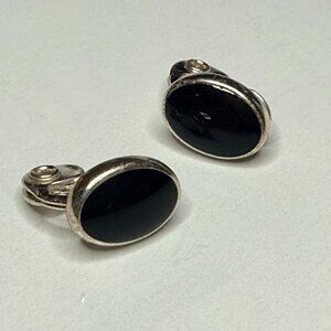 Monet Signed Vintage Silver Tone Black Oval Clip On Earrings